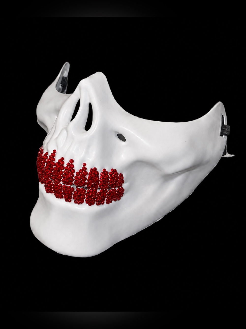 White Half Skull Mask Blinged Out Red Crystal Grillz EDC Rave Costume Halloween